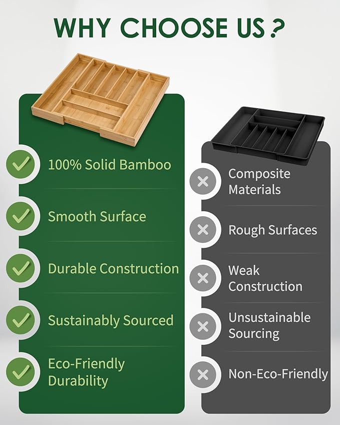 Premium Bamboo Expandable Drawer Organizer, 7-9 Slots Adjustable Kitchen Drawer Organizer for Large Cooking Utensils Cutlery, Kitchen Drawer Organization