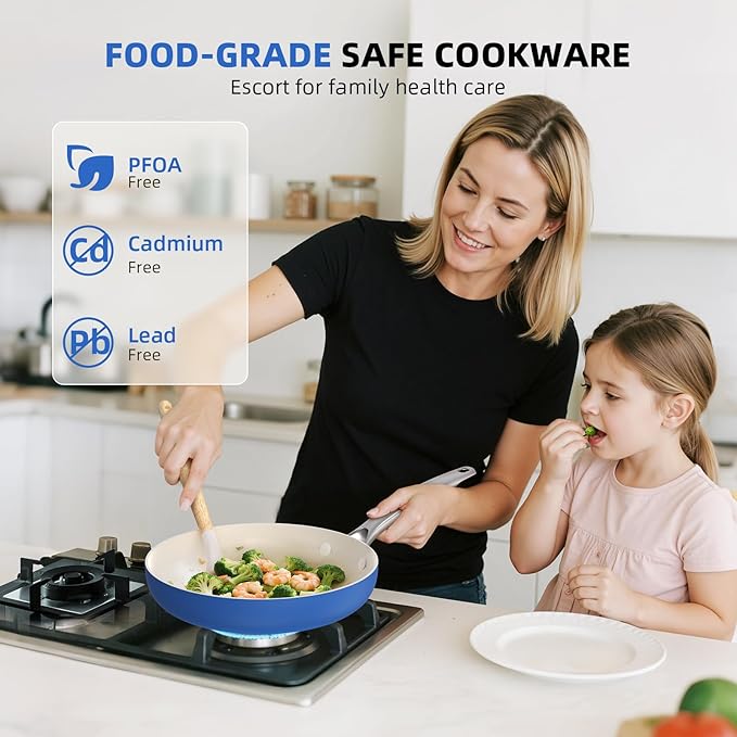 15 Pcs Pots and Pans Set Non Stick, Ceramic Cookware Set with Steamer, Non-Toxic Kitchen Cooking Set with Stay-Cool Ergonomic Handles, Oven & Dishwasher Safe, PFOS & PFOA Free (Cobalt Blue)