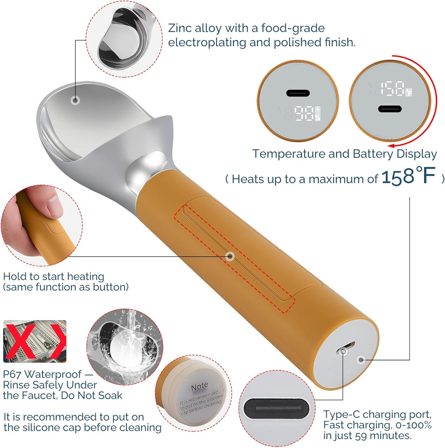 Heated Ice Cream Scoop Rechargeable, Electric Warming Ice Cream Scooper with LED Display, Heats to 158°F for Hard Ice Cream, Easy for Seniors & Kids, IP67 Waterproof (Olive Evergreen, 2oz)