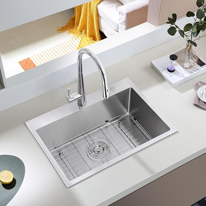 Brushed 25 Inch Drop in Kitchen Sink, 18 Gauge Stainless Steel Single Bowl Kitchen Sink with 2 Faucet Holes, 9'' Deep Basin Bowl with Grid, D25" x W18" x H9"