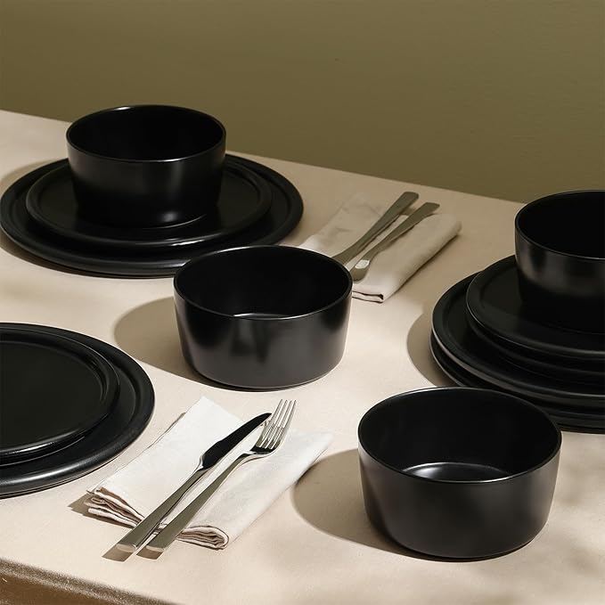Stone Lain Eden 24-Piece Dinnerware Set Stoneware, Plates and Bowls Set, Dishwasher and Microwave Safe Dish, Dish Set for 8, Black