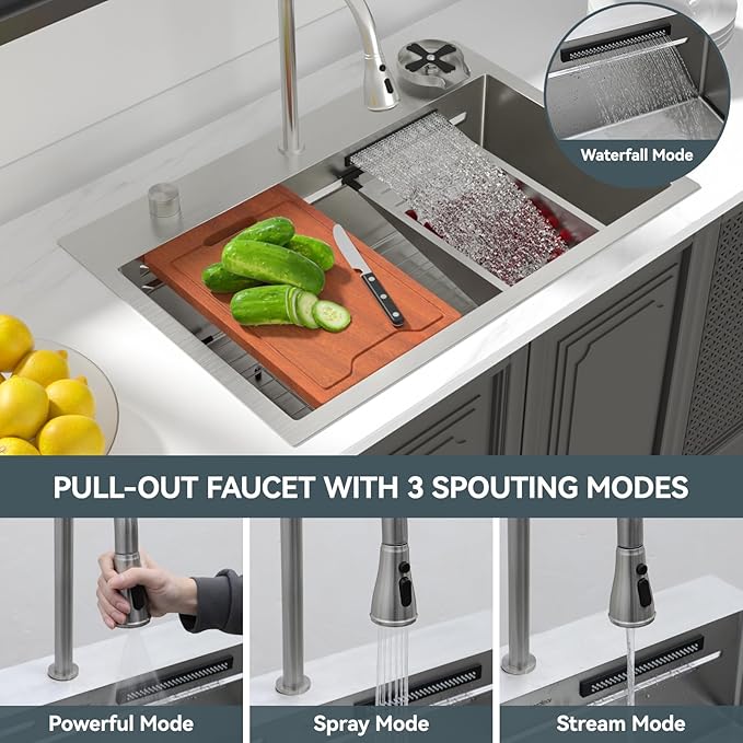 Lordear 33 Watefall Kitchen Sink 33x22 Drop In Kitchen Sink Stainless Steel 16 Gauge Single Bowl Multifunctional Workstation Sinks with Built-in Accessories,Split Faucet Style