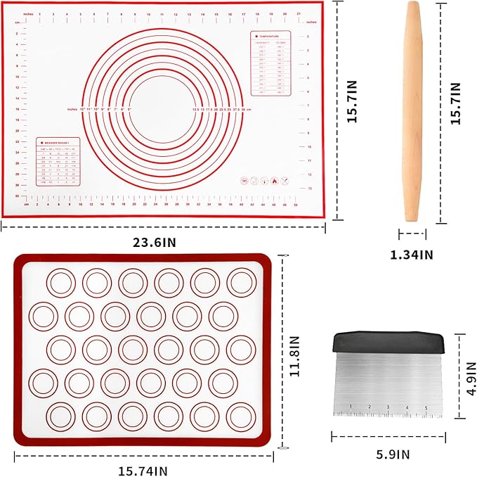 Silicone Baking Mat Sets, Dough Mat with Macaron Baking Mat Pastry Cutter Rolling Pin,Food Safe Pastry Mat, Reusable Cookie Sheets Liner