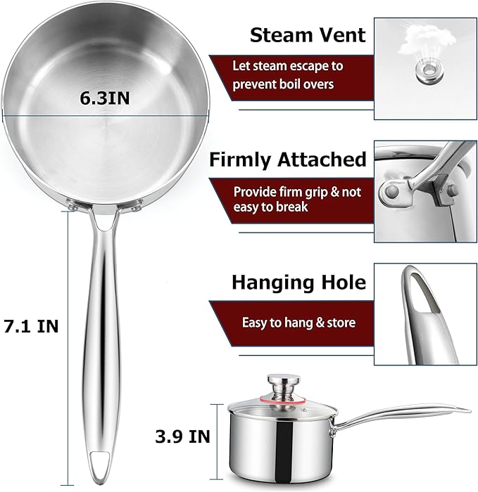 2 Quart Saucepan with Lid, Homikit 2QT Tri-Ply Stainless Steel Sauce Pan with Ergonomic Handle, Heavy Bottom Small Pot for Kitchen Cooking, Compatible with All Cooktops for Boiling Eggs Warming Milk