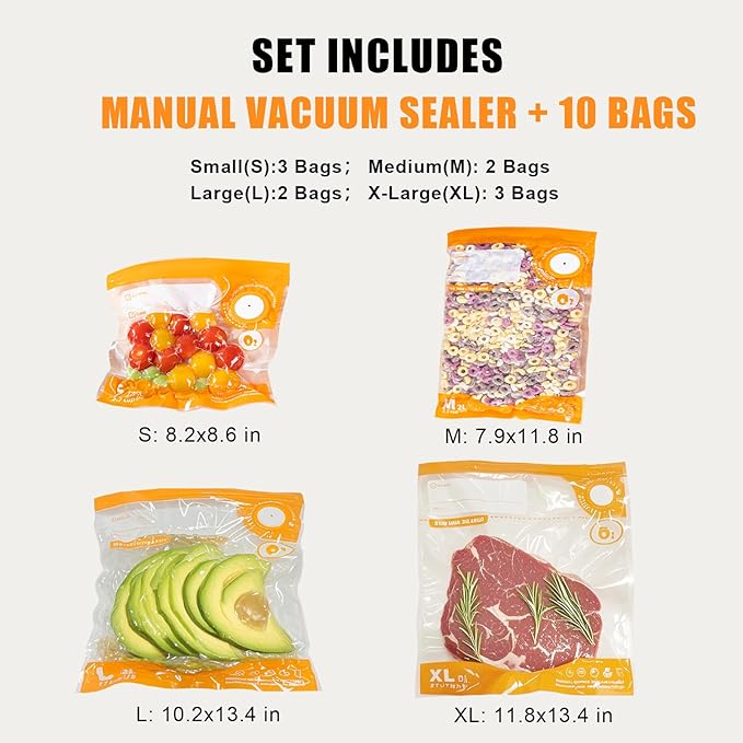 Vacuum Sealer for Food, handheld vacuum sealer(Manual Vacuum Sealers+ 10 mix size reusable vacuum seal bags),Portable Vacuum Sealer Set for Travel, Fresh & Save Meal Prep Sous Vide