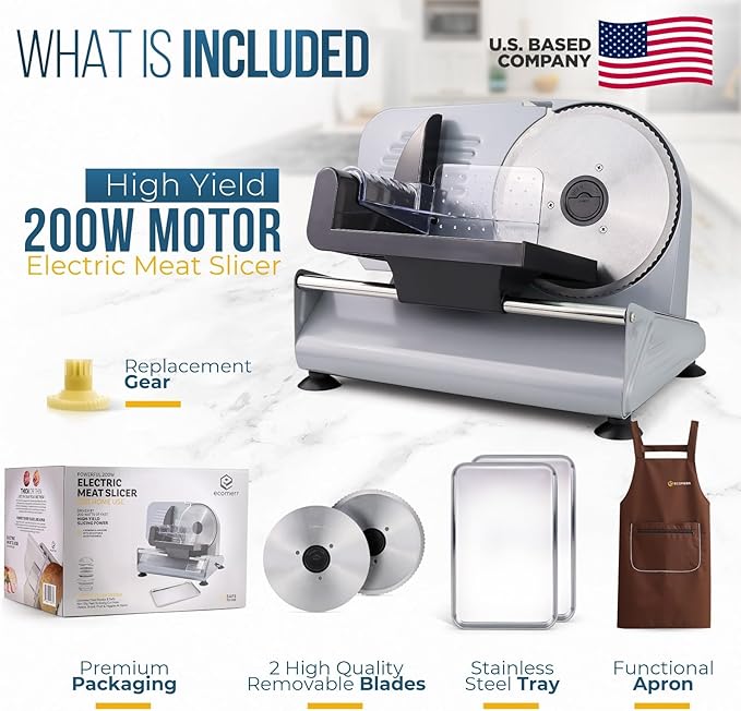 Meat Slicer, 200W Powerful Electric Food Slicer-Deli Meat Slicer Machine for Home Use for, Cheese, Bread, Vegetables-2 Round 7.5" Stainless Steel Blade, Child Lock Protection & Adjustable Thickness