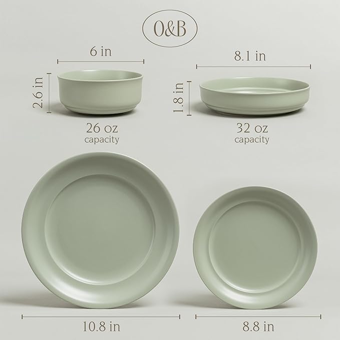 over&back Rim Dinnerware Set - Stoneware Dishes - Comes with 4 Dinner Plates, Salad Plates, Cereal Bowls, and Dinner Bowls - 16-Piece All-Occasion Place Settings - Serves Four - Semi-Matte Sage