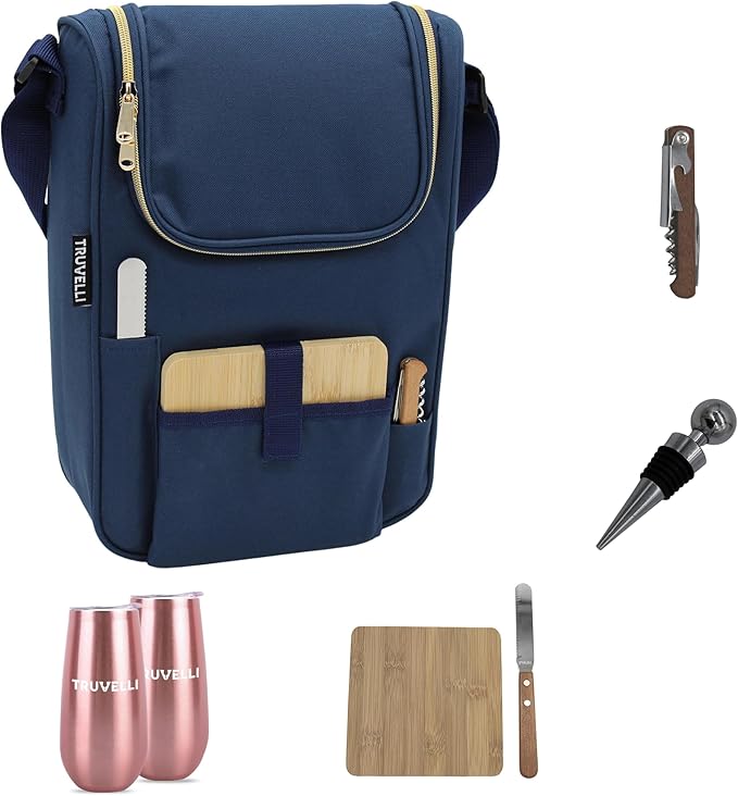 Truvelli Plush Picnic Premium Wine Bag, 7-in-1 Insulated 2 Bottle Wine Carrier Tote, Wine & Cheese Cooler Bag, Great Gifts for Wine Lovers (Deep Blue)