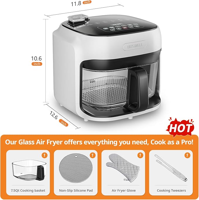 BOSWELL Steam Glass Air Fryer, 7.5QT Borosilicate Bowl with Circulating Heat, Digital Touchscreen, 400°F Max Temp, Oil-Free Fryer with Mist Function, Dishwasher Safe (White)