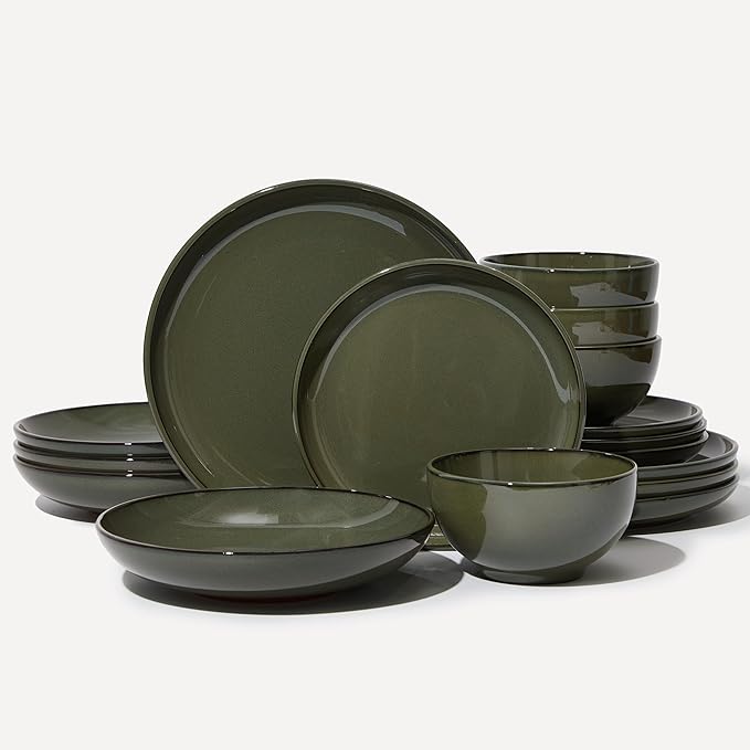 16 Piece Double Bowl Dinnerware Sets with Pasta Bowls, Highly Chip and Crack Resistant Plates and Bowls Sets, Natural Earthyware Ceramic Dishware Sets, Service for 4 Blackish Green
