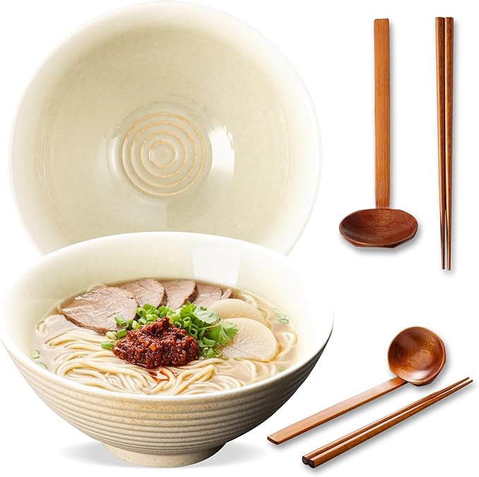 8 Inch Ceramic Ramen Bowl Set of 2, 40oz Japanese Bowls with Spoons & Chopsticks,Durable,Microwave & Dishwasher Safe,Perfect for Ramen,Pho,Salad,Soup,Noodles，Mixing bowls（Verdant）
