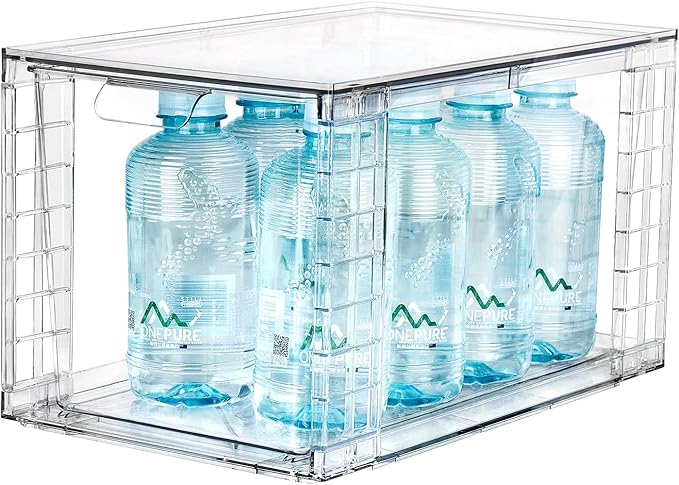 4Pack Large Stackable Kitchen Storage Drawers, Clear Foods Organizer Bins with Handles, Easily Assemble for Bathroom, Kitchen, Pantry, Cabinet, Closet(XL-UP Handle)