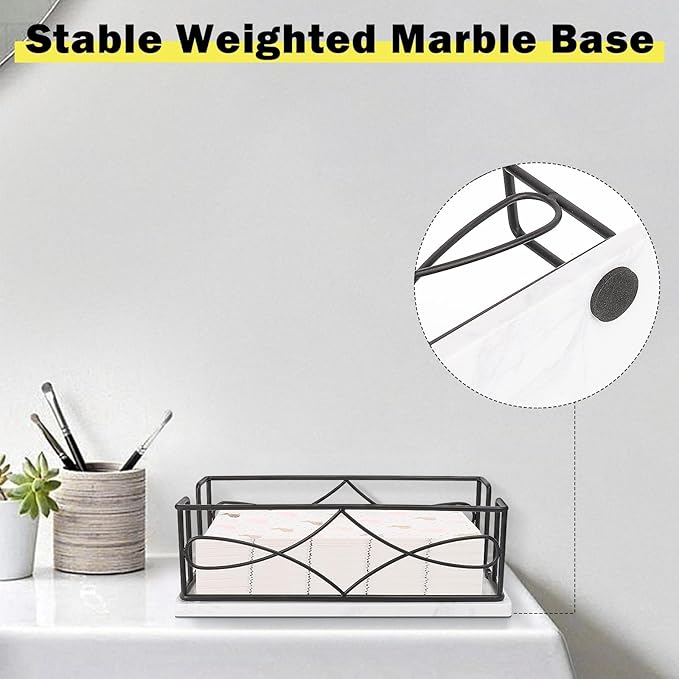 Napkin Holder with Marble Base, Guest Towel Paper Dispenser for Table, Modern Metal Napkin Stand, Ideal for All Bathroom Vanity, Kitchen Decor Accessories (Matte Black, 3.2 Inch)