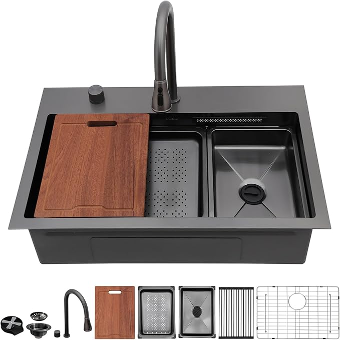 Lordear 31 Black Drop in Waterfall Kitchen Sink -31"x20" Drop In Kitchen Sink Ledge Workstation Gunmetal Black 16 Gauge Single Bowl Topmount Handmade Sinks with Pull Out Faucet