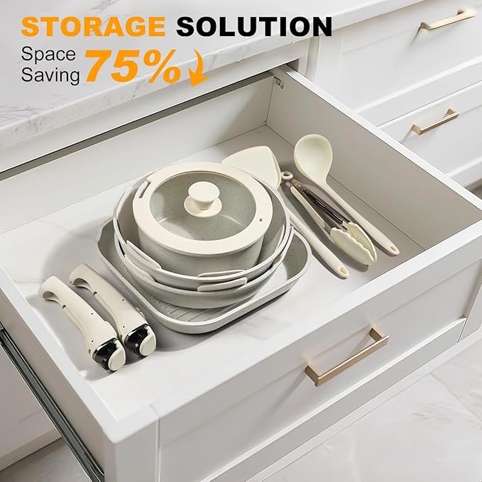 20 Pcs Pots and Pans Set Non Stick, Ceramic Cookware Set Detachable Handle, RV Kitchen Cooking Set Removable Handles, Oven Safe, Induction ReadyStackable Non-stick set Cream White