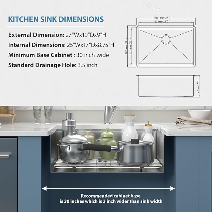 27 Inch Undermount Kitchen Sink Workstation 27x19x9 Inch Stainless Steel 16 Gauge Single Bowl Kitchen Sink Under Counter Sinks