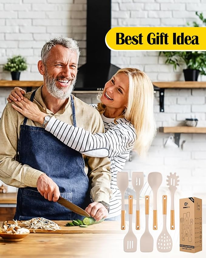 Silicone Kitchen Utensil Set for Non Stick Cookware, 7 Pcs Heat Resistant Cooking Utensils with Wooden Handle, BPA Free Kitchen Tools with Spatulas, Spoons, Skimmer and Pasta Fork (KHAKI)