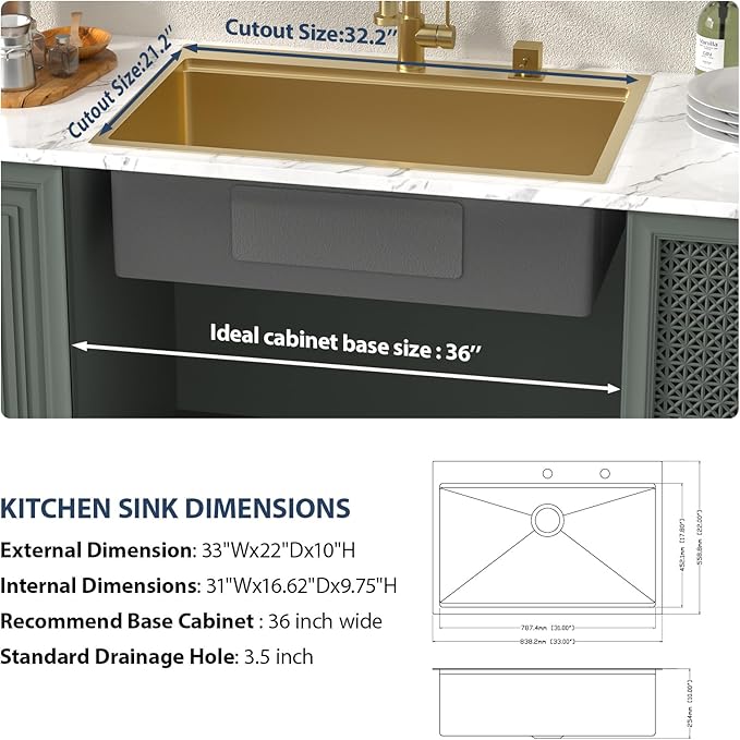 Lordear 33 Inch Drop In Kitchen Sink Gold Brushed 33x22 Workstation Stainless Steel 16 Gauge Single Bowl Handmade Topmount Kitchen Sink with Cutting Board