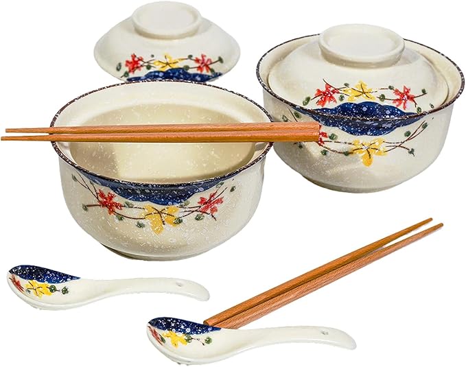 Ceramic Ramen Bowl Set, 800ml, with Lid, Spoon and Chopsticks, Japanese Vintage Large Soup Bowls Instant Noodle Bowl Asian Tableware (Color*2)