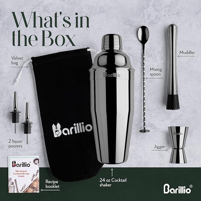 Barillio Black Mixology Bartender Kit - 8-Pc Stainless-Steel Travel Cocktail Shaker Set with Bag - Bar Tools w/Martini Shaker, Drink Mixer Spoon & Mojito Muddler for Cocktails - Bar & Bartending Kit