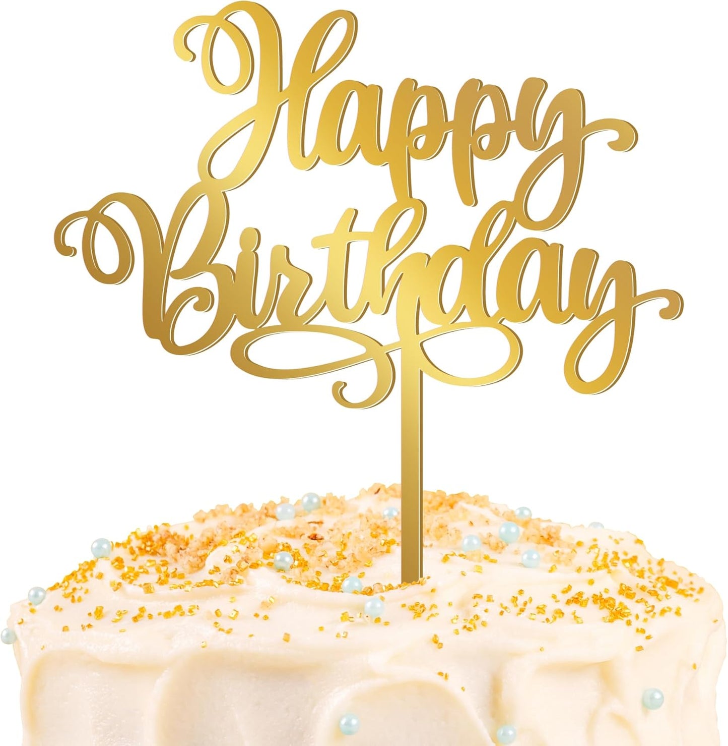 1PCS Gold Happy Birthday Cake Topper, 5.1 x 6.5 Inches Mirror Acrylic Signs Birthday Cake Decorations, Birthday Cake Toppers for Baby Shower, Gender Reveal Cake Decorations, Dessert Parties