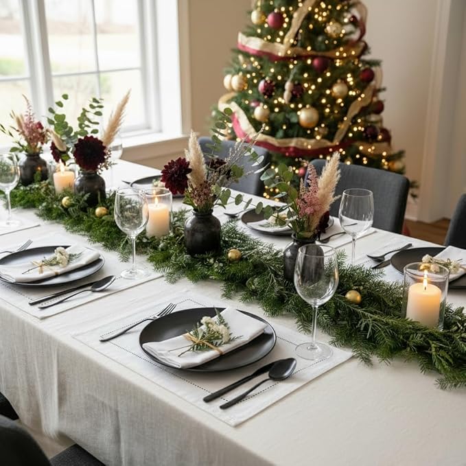 D'Moksha Homes White Linen Placemats Set of 6 - Classic Hemstitch Placemats 14 x 19 Inch - 100% Pure Linen Table Mats for Fall, Thanksgiving, Christmas, Holiday - Handcrafted and Machine Washable