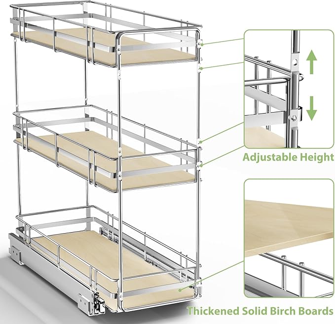 ROOMTEC 3-Tier Pull Out Cabinet Organizer Spice Rack for Narrow Cabinet 8" W x 20½" D, Slide Out Wood Shelves Storage for Kitchen