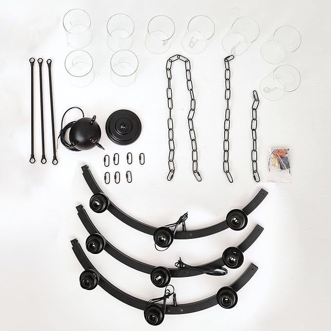 32“ Black Wagon Wheel Chandelier, 9-Light Farmhouse Glass Pendant Lights Kitchen Island Round Hanging Lighting fixtures Ceiling for Living Room, Dining Room, Kitchen Island, Entryway, Foyer