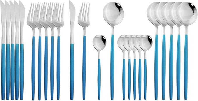 JASHII Flatware Serving Set 24 Piece, Stainless Steel Silverware Set, Blue Silver Cutlery Set, Modern Elegant Tableware Set for Party, Christmas, Dinner (Blue Silver)
