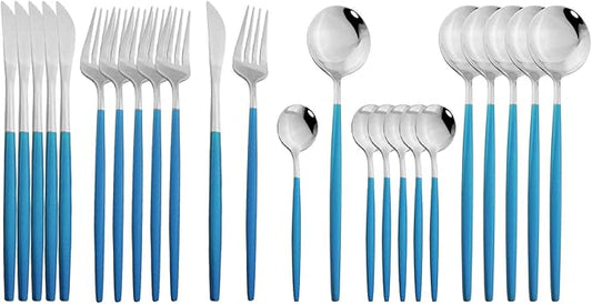 JASHII Flatware Serving Set 24 Piece, Stainless Steel Silverware Set, Blue Silver Cutlery Set, Modern Elegant Tableware Set for Party, Christmas, Dinner (Blue Silver)