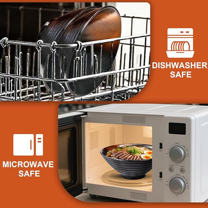 9.4Inch Ceramic Ramen Bowl Set of 2 (9 Piece) - Porcelain Japanese Salad Noodles Cereal Fruit Pasta Soup Large Bowls with Recipes Chopsticks Forks Spoons for Men Women Gift Microwave Dishwasher Safe