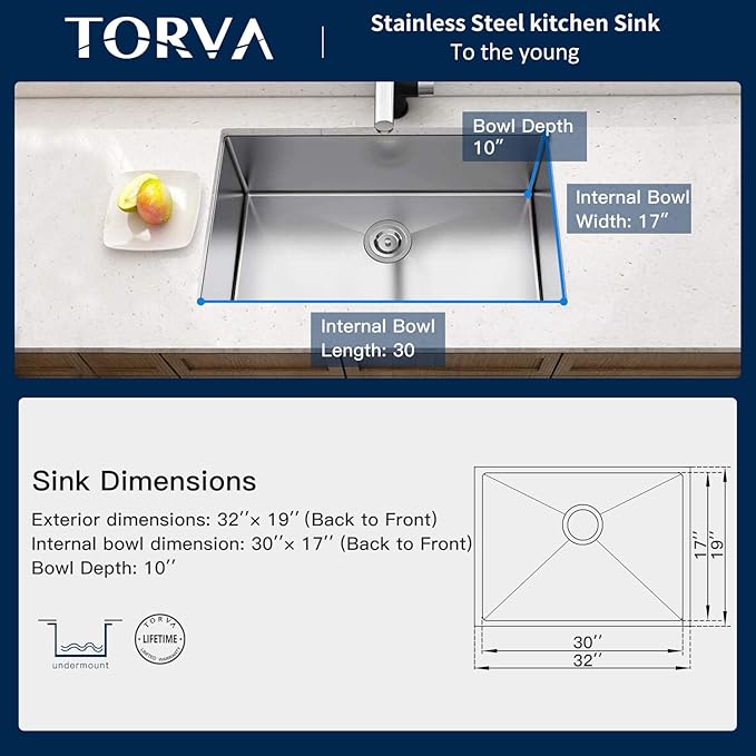 TORVA 32-Inch Undermount Kitchen Sink, Premium 304 Stainless Steel Bar Sink - 10 Inches Deep Basin Single Bowl Sink