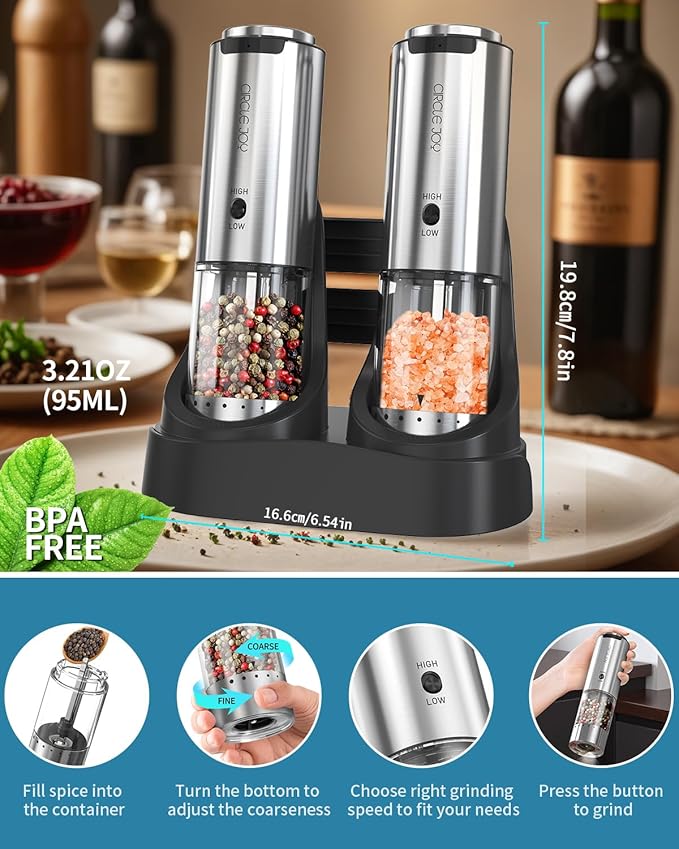 CIRCLE JOY Rechargeable Salt and Pepper Grinder Set Stainless Steel Electric Pepper Grinders with Variable Grinding Speed, External Adjustable Coarseness, Charging Base and White LED Light, Silver