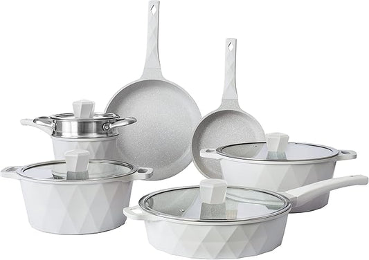 Country Kitchen Non-Stick Cast Aluminum Cookware Set - Durable Kitchen Cookware for Everyday Cooking, Cream Diamond, 11 Pc.