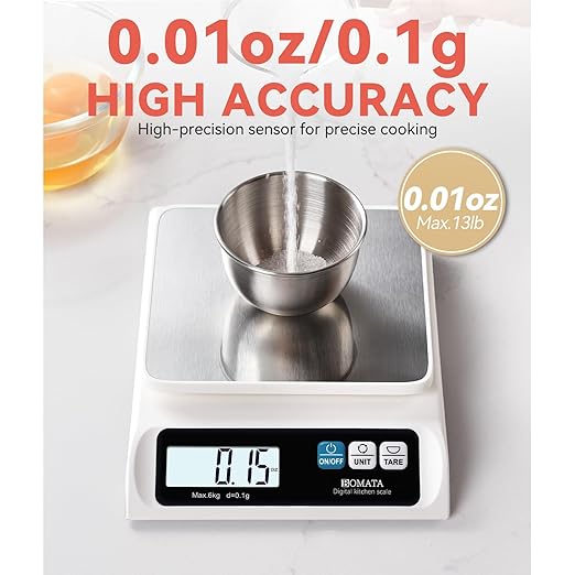 BOMATA 0.1g/ 13lb Food Scale, Digital Kitchen Scale with Removable Stainless Steel Pan, Backlit LCD Display, for Cooking, Baking B621 White
