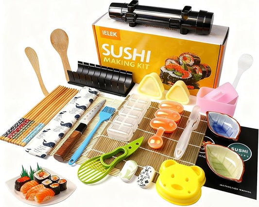 Sushi Making Kit, Pro Sushi Maker Bazooker Roller Kit with Guide Includes Bamboo Mat, Cutting Mold, Sushi Knife, Onigiri Mold, Chopsticks, Sauce Dishes, Rice Spreader&More All You Need DIY Sushi Gift