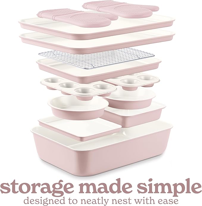 Country Kitchen Nonstick Stackable Bakeware Set - Deluxe Heavy Duty, Durable, Easy Release Baking Set, Pink, 13 Pcs with Handles