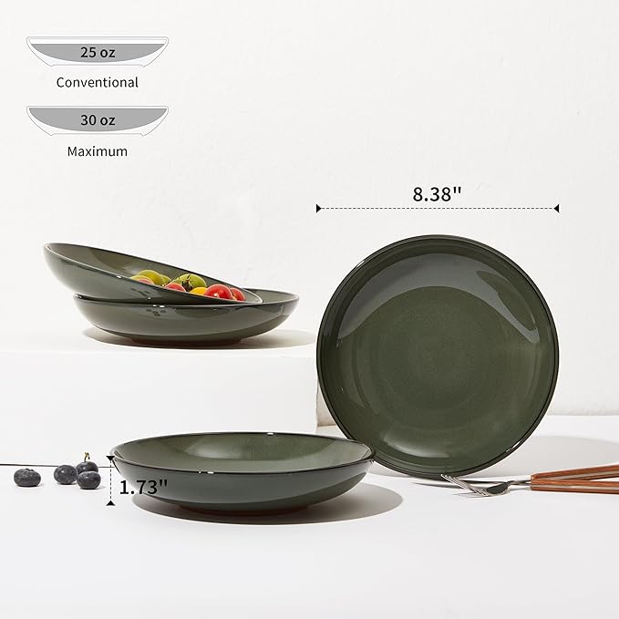 16 Piece Double Bowl Dinnerware Sets with Pasta Bowls, Highly Chip and Crack Resistant Plates and Bowls Sets, Natural Earthyware Ceramic Dishware Sets, Service for 4 Blackish Green
