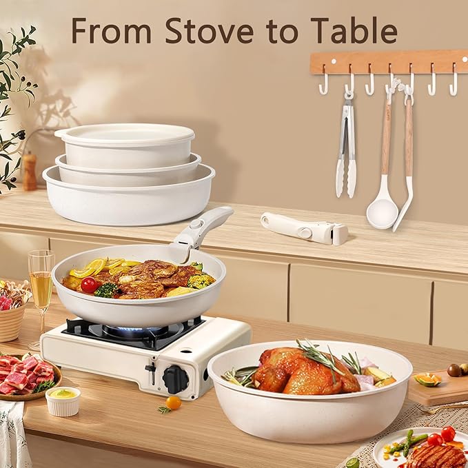 GiPP Ceramic Pots and Pans Set Non Stick, Nonstick Detachable Handle Cookware Sets, Healthy Non Toxic PFAS PFOA & PTFE Free, Dishwasher ＆Oven Safe, Induction Kitchen Pot and Pan, 21 Piece Cream