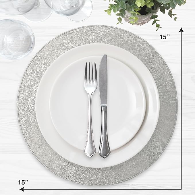 Morgan Faux Leather Round Set of 12 Placemats, 15", Silver, Heat Resistant, Stain Resistant, Non-Slip, Reversible, Durable Table Mats for Kitchen, Dining Table, Indoor Washable Use