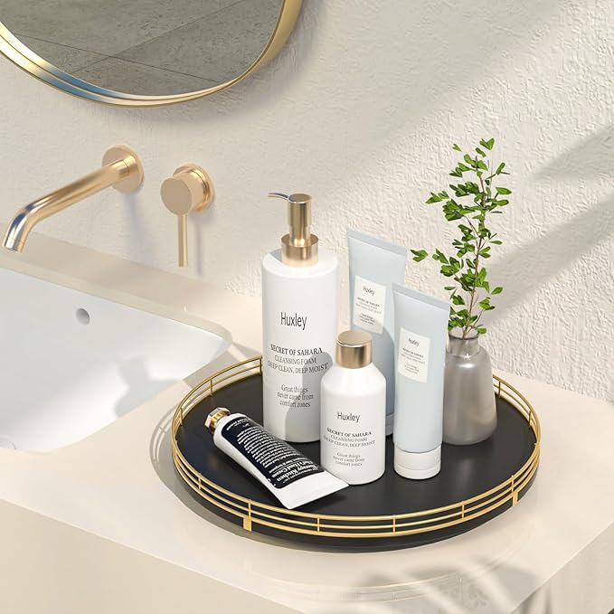 13" Oak Wood Bathroom Tray for Counter, Vanity Tray for Perfume Lotion Candle Makeup Jewelry Sink Soap Holder Turntable Dresser Organizer Countertop Coffee Table Decor Organization and Storage Gold