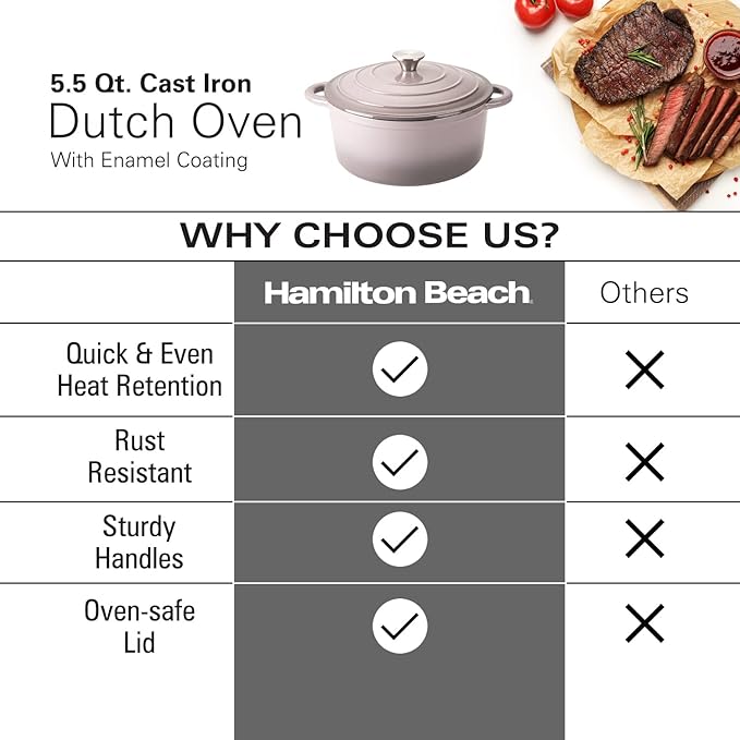 Hamilton Beach 5.5-Quart Enameled Cast Iron Dutch Oven with Lid | Heavy-Duty Pot for Braising, Roasting & Baking | Gray
