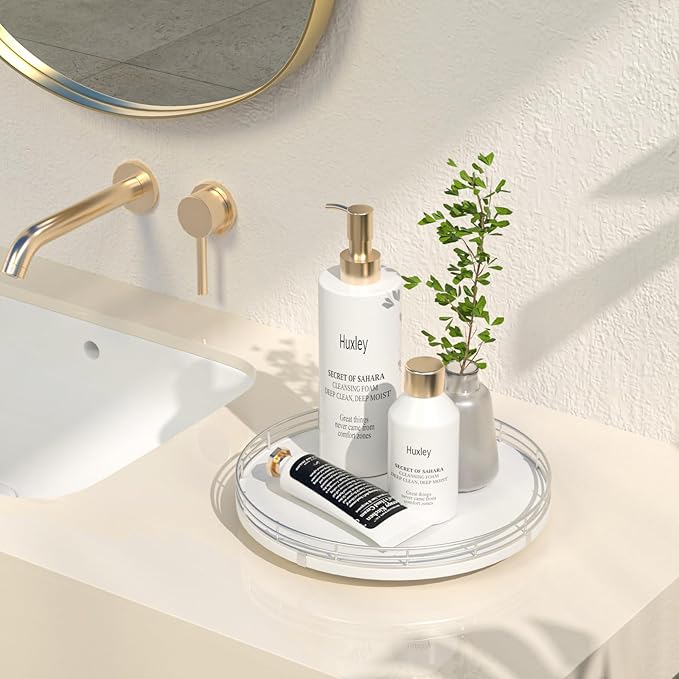 10" Oak Wood Bathroom Tray for Counter, Vanity Tray for Perfume Lotion Candle Makeup Jewelry Sink Soap Holder Turntable Dresser Organizer Countertop Coffee Table Decor Organization and Storage Silver