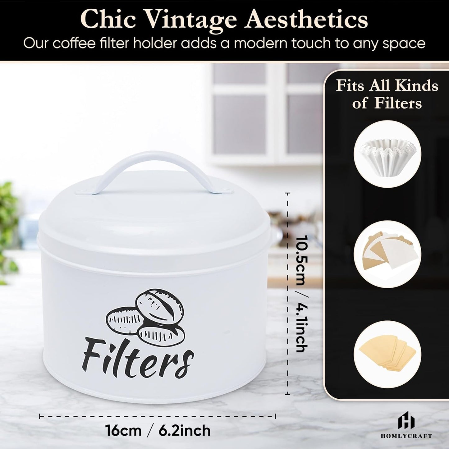 Coffee Filter Holder with Metal Lid – Coffee Filter Container for Countertop – Modern Organizer for Cone Filters – Coffe Bar Accessory for Kitchen Decor (white)