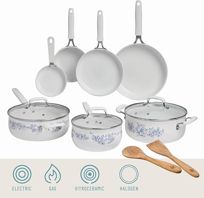 Pioneeer Woman 12-Piece Aluminum Ceramic Cookware Set - Nonstick Pots & Pans for Effortless Cooking
