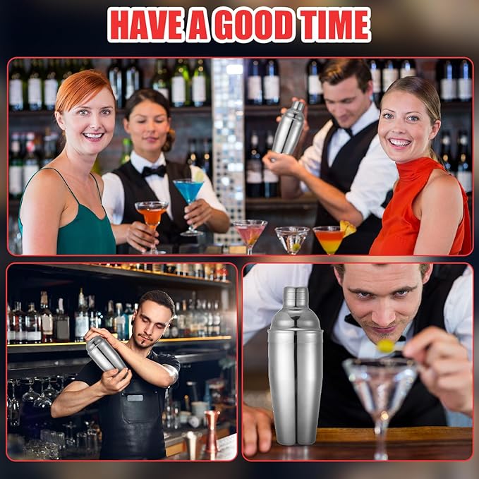 Nitial 6 Pcs Bar Cocktail Shaker Professional Stainless Steel Martini Drink Mixer with Built-in Strainer for Bartending No Leaks Boston Shaker for Bar Party Drink Mixing Tool(25 oz,Silver)