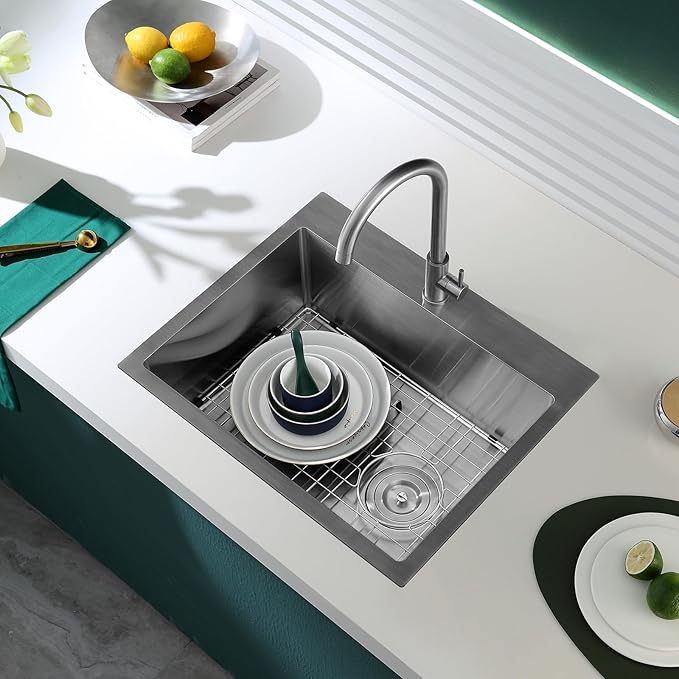 22 inch Drop-in Kitchen Sink Single Bowl, Small Topmount Kitchen Sink with Protective Bottom Grid, Overmount 304 Stainless Steel Kitchen Bar Sink Handmade with Basket Strainer, 22×18×9 inch