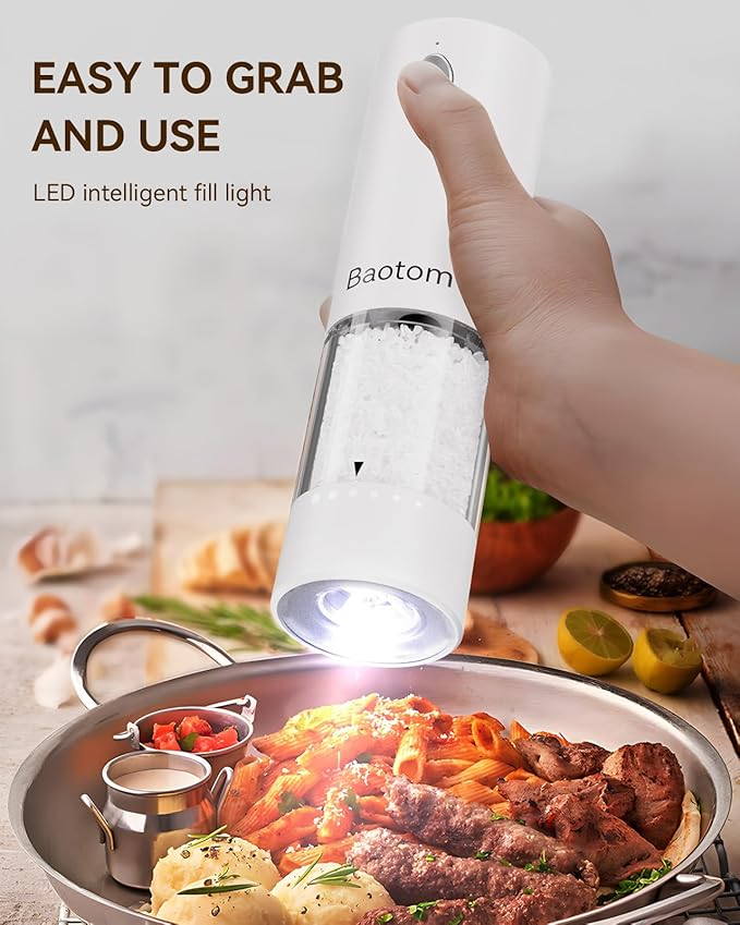 Electric Salt and Pepper Grinder Set with Dual Charging Base, 6 Adjustable Coarseness Levels & External Grind Settings, One-handed Operation Salt and Pepper Mills with LED Light,Black & White