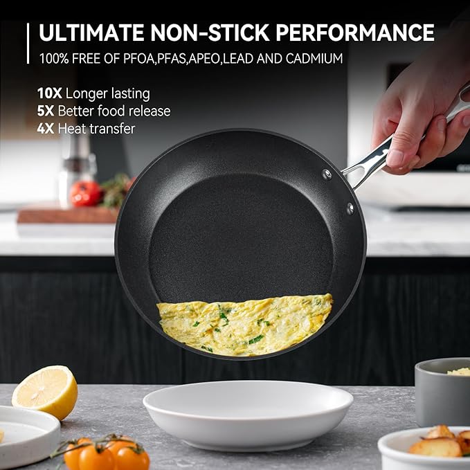 Frying Pan 10 Inch, Nonstick Frying Pan for Induction, 5-Ply Non Toxic Skillet with Stainless Steel Handle, Hard Anodised Aluminum Cookware, Oven Proof, Suitable for All Hobs