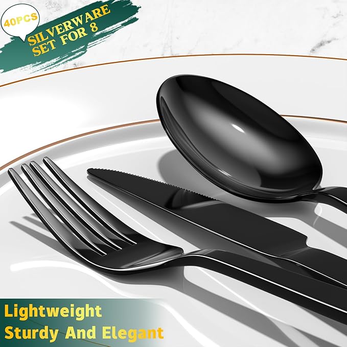 40 Pieces Black Silverware Set,Premium Stainless Steel Flatware Set For 8, Yoehka Mirror Polished Tableware Cutlery Set For Home And Restaurant, Include Knife/Spoon And Fork, Dishwasher Safe